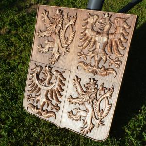 State emblem of the Czech Republic made of solid wood - Ash - stain Tobacco - matt - height 40cm