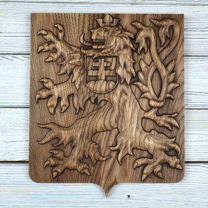Small emblem of the Czechoslovak Republic from solid wood - Ash, stain Tobacco, matte, height 30cm