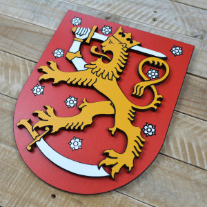Layered Coat of Arms of Finland made of beech plywood, hand painted - height 30cm
